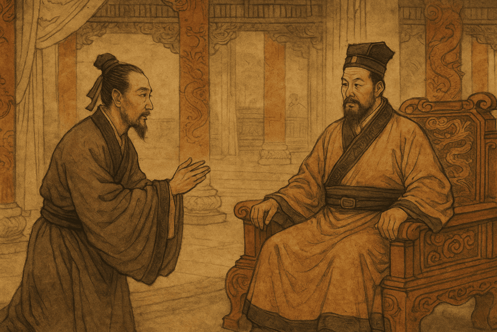 王に向かって進言する孫子(孫臏)の想像図