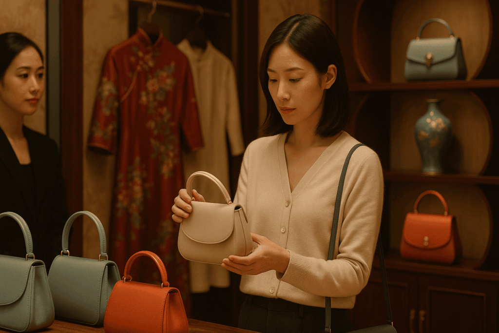 洋服店で商品を見つめる女性客と、様子を見守る店員